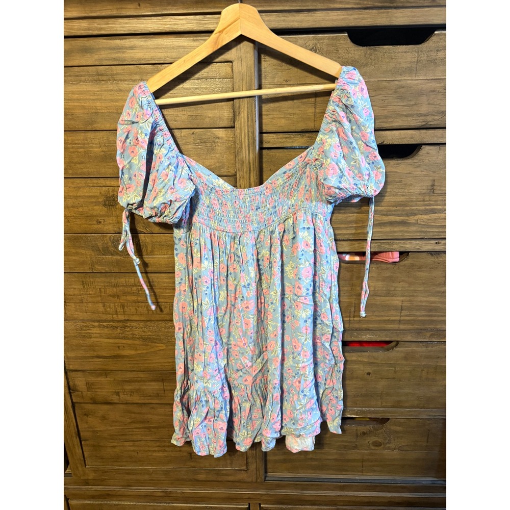Olivaceous Blue Pink Floral Puff Sleeve Mini Dress Smocked Back L S#2300-672LDJ - Picture 5 of 6